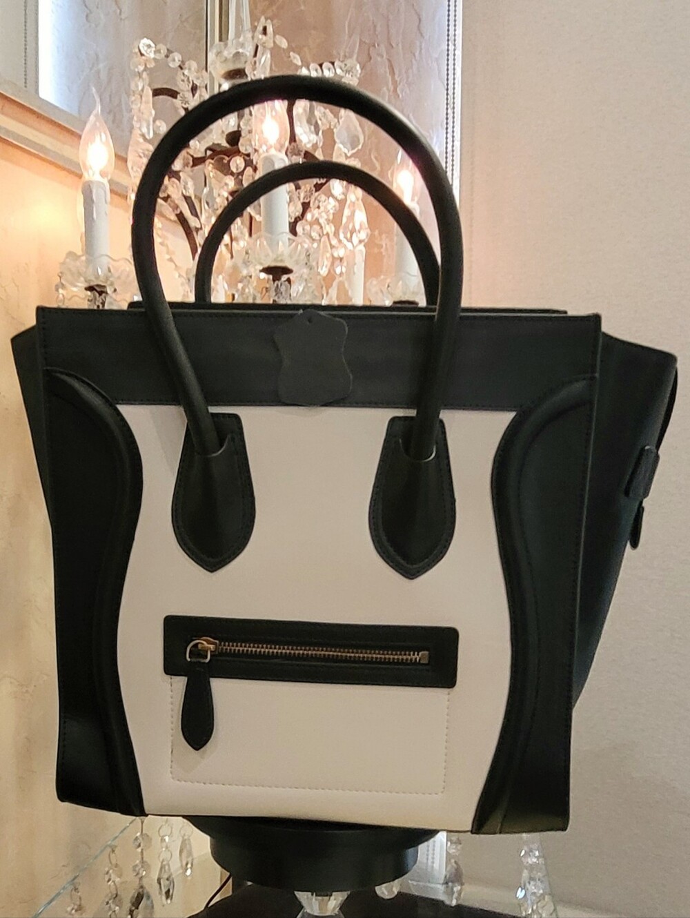 Black & Cream Bi Colored Color-blocked Tote Handbag, Very Spacious
